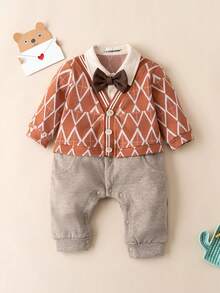 几何图案宝宝绅士服春秋长袖系带连体裤，易于穿着（适合宝宝派对和各种场合） - 亮橙色 - 查看 1