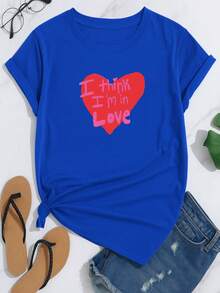 Camiseta de manga corta con estampado de I THINK IM LOVE, de cuello redondo, playeras para mujer, blusas gráficas para mujer - Azul Rey - Ver 1