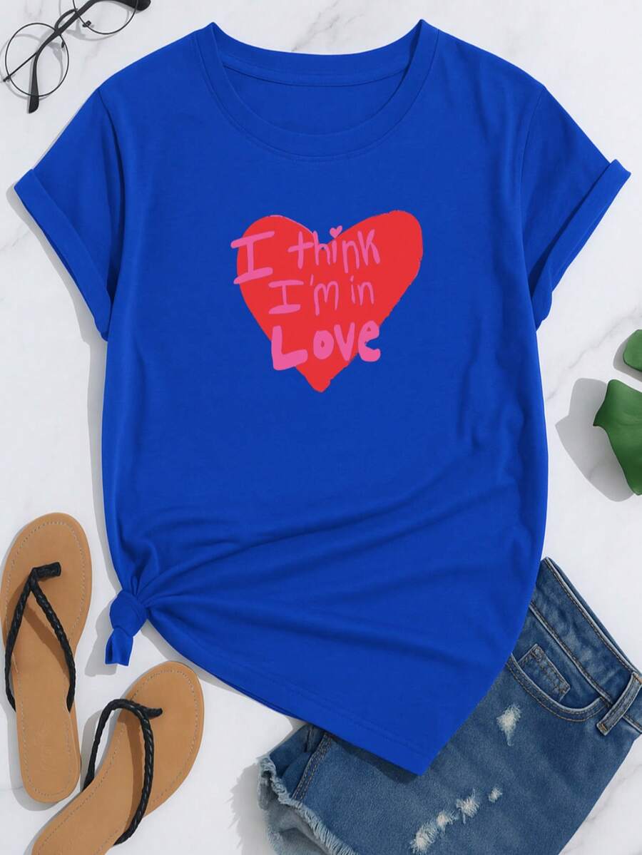 Camiseta de manga corta con estampado de I THINK IM LOVE, de cuello redondo, playeras para mujer, blusas gráficas para mujer - Azul Rey - Ver 1