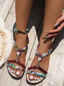 WRCVS 女士勃艮第凉鞋，夏季平底凉鞋，编织平底鞋，轻便，适合海滩、度假，手工串珠花卉图案随机户外凉鞋