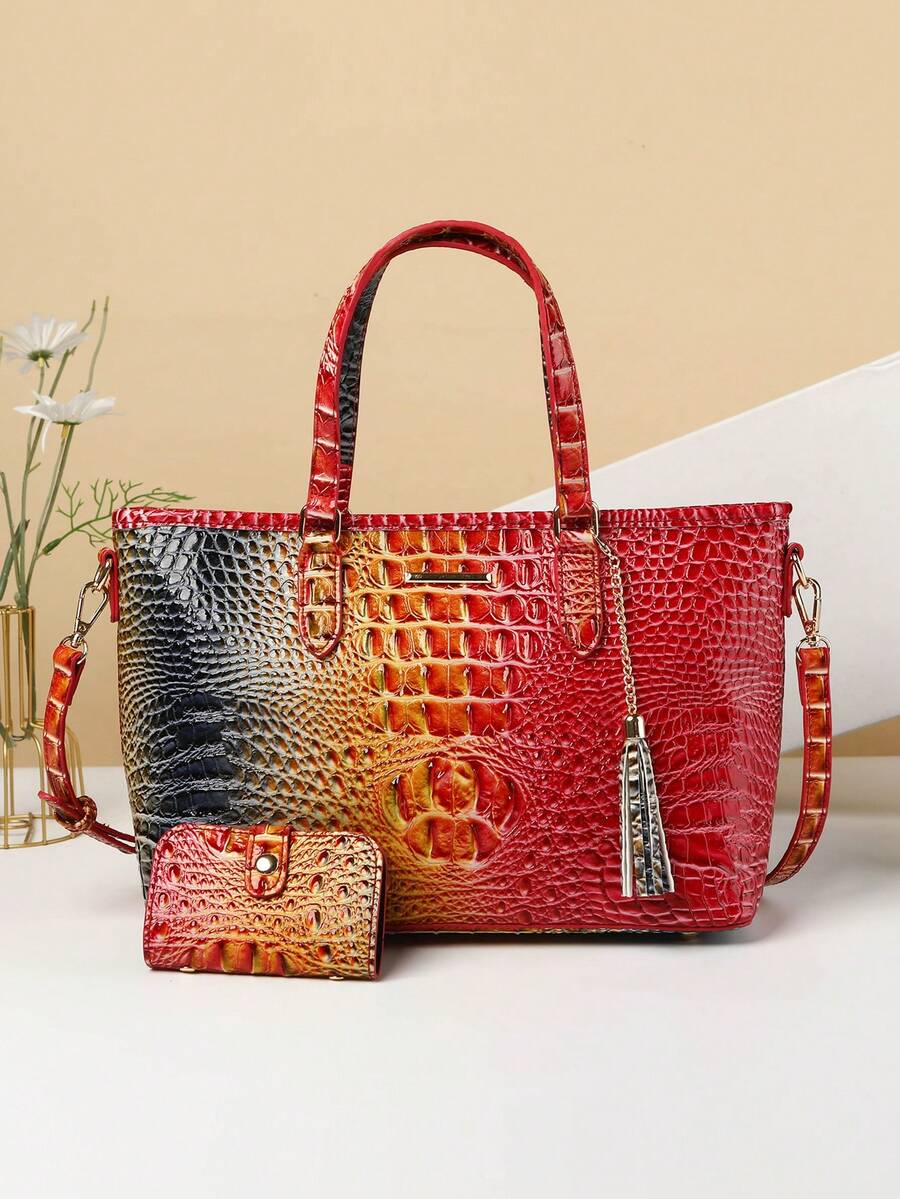 Classic Elegant Women's Bag Set,Fashionable Large Capacityr Bag Single Shoulder Bag,Crocodile Pattern Tote Bag,Light Luxury High-End Real Texture Crocodile Pattern Handbag - 4# Blue + Yellow + red - View 1