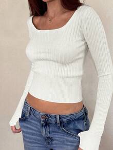 Women's Casual Scoop Neck Ribbed Fitted Long Sleeve Sweater/T-Shirt, Suitable For Summer, Autumn/Winter, Christmas And New Year Wear - White - View 8