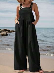 Mono de talla grande sin mangas, de unicolor, con bolsillos, apto para primavera/verano/otoño, color negro