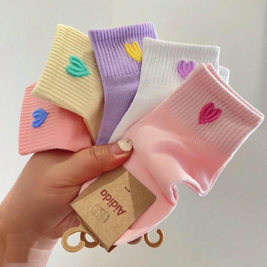 5 Pairs Mixed Summer Kids Socks, Fine Cotton Boys Girls Student Socks, Colorful Heart Design Thin Student Socks For Older Children - Multicolor - View 1