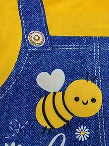 女孩可爱蜜蜂和雏菊印花荷叶边袖 T 恤连衣裙，休闲假日装夏季连衣裙礼物 - 黃色 - 查看 3