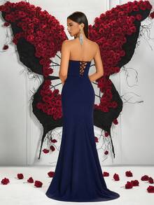 ADYCE 女士优雅无肩带钻石装饰褶皱高腰开衩露背系带长款派对礼服，适合舞会、生日派对、正式晚宴、返校节、婚礼宾客、盛大晚宴、家庭聚会等场合。 - 藏蓝色 - 查看 2