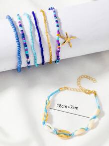 7pcs/Set Minimalist Alloy Beaded Starfish & Shell Braided Anklet, Best Gift For Girls - One Size 11 - View 4