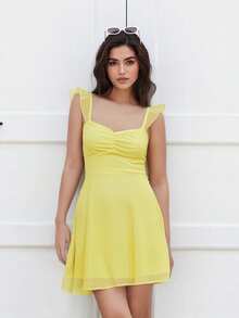 Vestido mini de verano para mujer, color liso, sin mangas, espalda abierta, cintura fruncida, vestido de malla - Amarillo - Ver 5