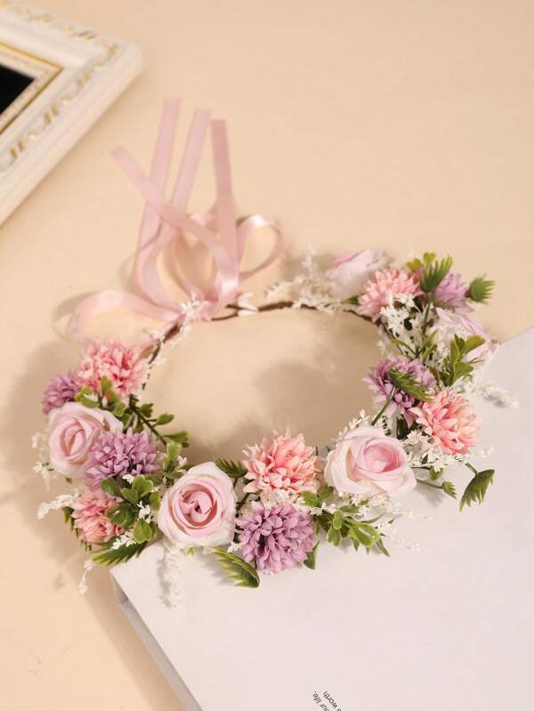 1 pièce Couronne de mariée bohème fleur de rose rose, couronne florale de mariage romantique, coronas, tiare, couronne de costume, couronne de tête, cercle de cheveux, vigne de cheveux