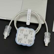 5pcs Silver Bow Design Scratch & Break Resistant Fast Charging 20W UK Plug Adapter Cover & Data Cable Protector Compatible With Iphone - Clear - View 3
