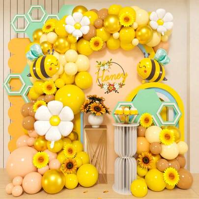 Juego de corona de globos amarillos, con globos de papel de aluminio con patrones de abeja, adecuado para fiestas de revelación de género, fiestas de bautizo con tema de girasol y decoraciones de juegos