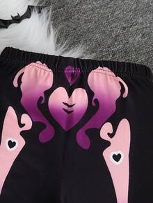 2 件套女童休闲骨头、幽灵、心、蜘蛛网图案柔软针织面料长袖上衣和喇叭裤套装，适合秋冬季户外穿着 - 彩色 - 查看 6
