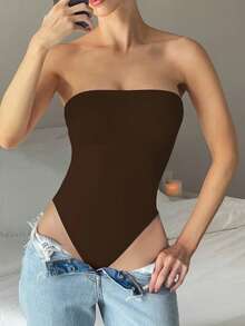 XLLAIS Women's Summer White & Brown Elastic Double-Layer Fabric Casual Bodysuit, Minimalist Style For Daily Wear & Holiday