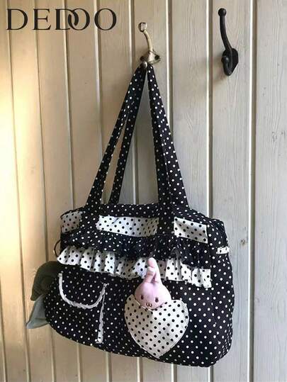 返校季黑白波点爱心帆布手提包，大容量撞色单肩包，多功能手提包，适合大学生，艺术风背包，适合女性或学生，完美收纳书籍、购物物品，返校必备单品