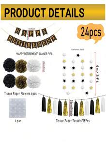 Happy Retirement Banner Background Set, 24pcs, Including 'HAPPYRETIREMENT' Banner 1 Pack, Black, Gold, White Tassel 15pcs, Black, Gold, White Pennant Banner 1pc, Black, Gold, White Paper Flower 6pcs,Christmas