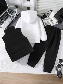 Toddler Letter Print Hoodie & Pants Set With Padded Lining Vest - Black - View 2