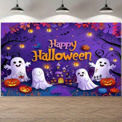 1pc Halloween Party Banner - Durable Polyester Background With Ghosts, Pumpkins And Bats - Multipurpose Decoration For Outdoor And Indoor Events, Photo Backdrop, Scene Decor, No Electricity Required