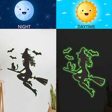 1/3/5 Stücke Halloween leuchtende grüne Wanddekoration, PVC Wandaufkleber - Hexe und schwarze Katze auf Besen reitend, Kürbis Geist toter Baum Monster Fledermaus Illustration leuchtende Aufkleber, Heimdekoration, Heim- und Partydekoration, glatte Oberfläche, geeignet für Halloween Weihnachten Wanddekoration, einfach anzubringen, Heimdekoration, Halloween Party Dekoration, einfach anzubringen, Zubehör für Spukhaus Heimdekoration, Halloween Weihnachtsgeschenke