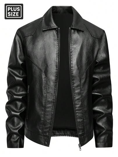 大码男士时尚翻领拉链 PU 皮夹克 - 休闲长袖外套，大码，春秋户外摩托车夹克