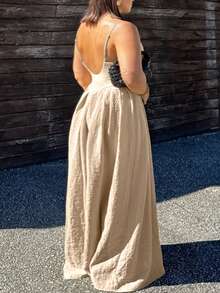 Váy yếm xếp ly hở lưng dành cho nữ cỡ lớn, mùa xuân/hè - Màu Khaki - Xem 5