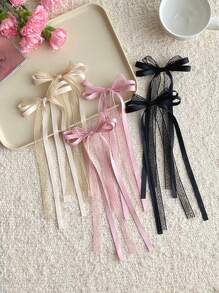 6pcs/2pcs Black/Beige/Pink 27cm/10.62in Extra Long Lace Mesh Ribbon Bow Hair Clips, Elegant Cute Simple Fashion Streetwear High-End Satin Lace Mesh Bow Retro Palace Style Minimalist, Suitable For Women Daily Decoration, Hairstyling, Makeup, Commute, Vacation, School, Party, Holiday, Gift, Claw Clips, Hair Claws, Hair Slide, Hair Barrettes, Alligator Hair Clip, Fall, Black Accessories, Winter Outfit For Women, Bows