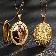 1pc Lightweight Oval Locket Pendant, Unisex, Openable Photo Frame, Shiny Stainless Steel Necklace, Family & Love Necklace - Locket Pendant Necklace - View 1
