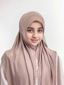 1pc Arabian Style Headwrap, Malaysian New Design, Solid Color Pearled Chin Cover, Convenient Hijab, Striped Long Shawl Hijab, Fashionable Headscarf For Girl, Handcrafted Chain Decorated Headwrap