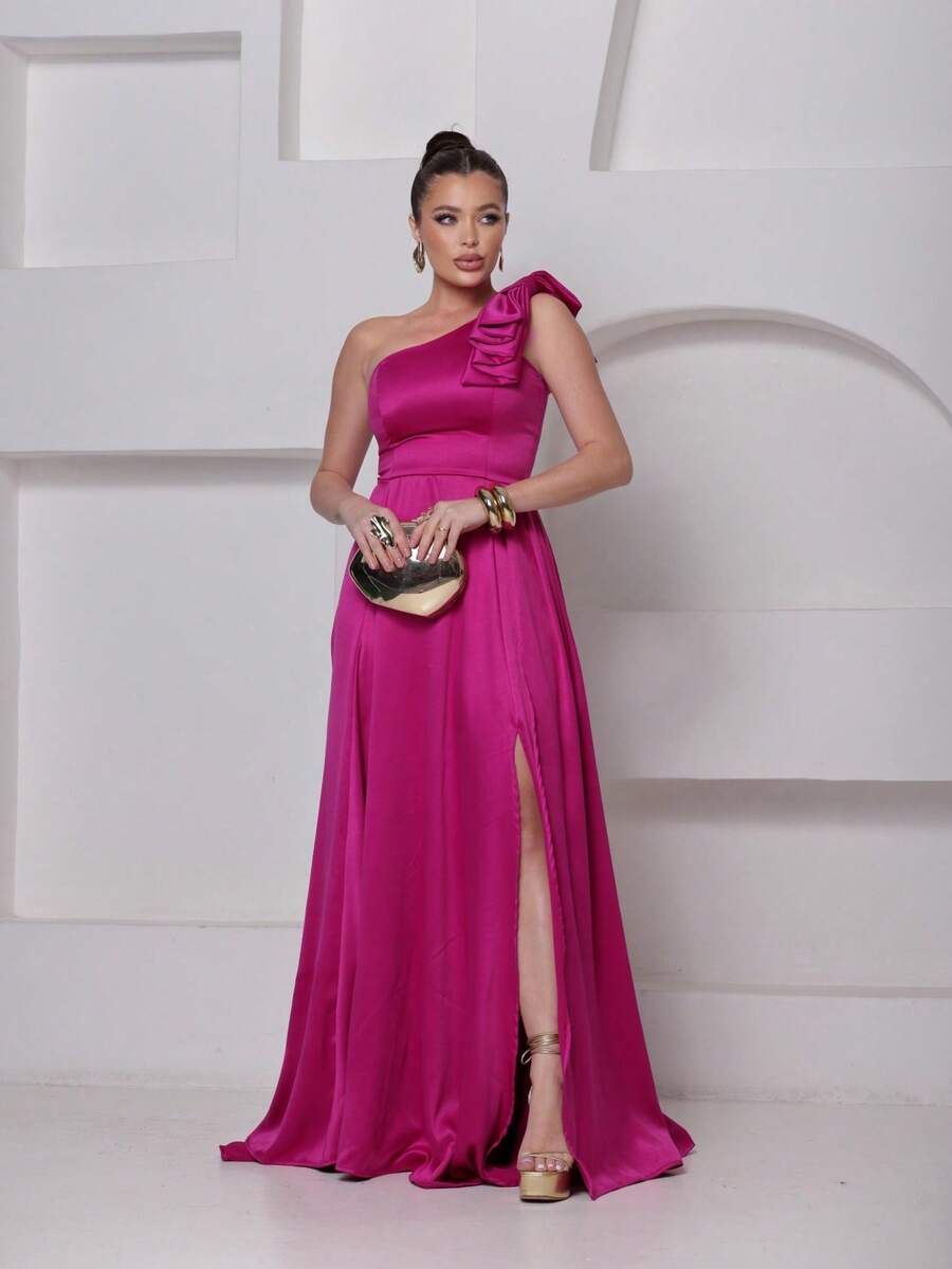 Long Dress For Bridesmaid – One Shoulder With Ruffle And Slit Elegant Simple Elegant Party Satin Side Opening Zipper Pleated Bridesmaid Civil Wedding Debutante Graduate Formal And Evening - 玫瑰紅 - 查看 1