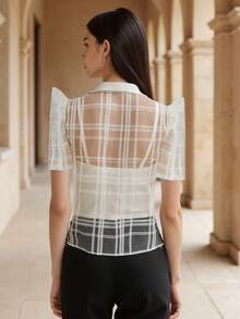 Amyenjoylife 现代菲律宾风衬衫，蝴蝶袖菲律宾风女式镂空上衣，透气条纹镂空翻领衬衫，女式衬衫，感恩节白色上衣 - 白色 - 查看 2