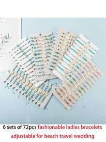 6 Sets Of 72pcs/2 Sets Of 24pcs/1 Sets Of 12pcs Fashionable Charm Ocean Elements Shell Starfish Beads Bracelet Jewelry, Suitable For Couples, Adjustable Bracelet & Anklet, Suitable For Daily, Beach, Travel, Wedding, Gift
