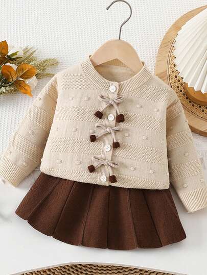 2pcs Girls Bow Decor Cardigan & Skirt Set, Fashion Elegant Knitted Sweater Outfit, Autumn/Winter