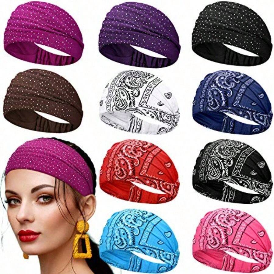 WILLBOND 10 Pcs Wide Bandana Headbands For Women Non Slip Paisley Crystal Hairband Elastic Boho Bling Rhinestone Head Wrap Stretchy Turban Bandana Hair Accessories For Sports Yoga Gym Workout -It Is Important For Beauties - As Pic - View 1
