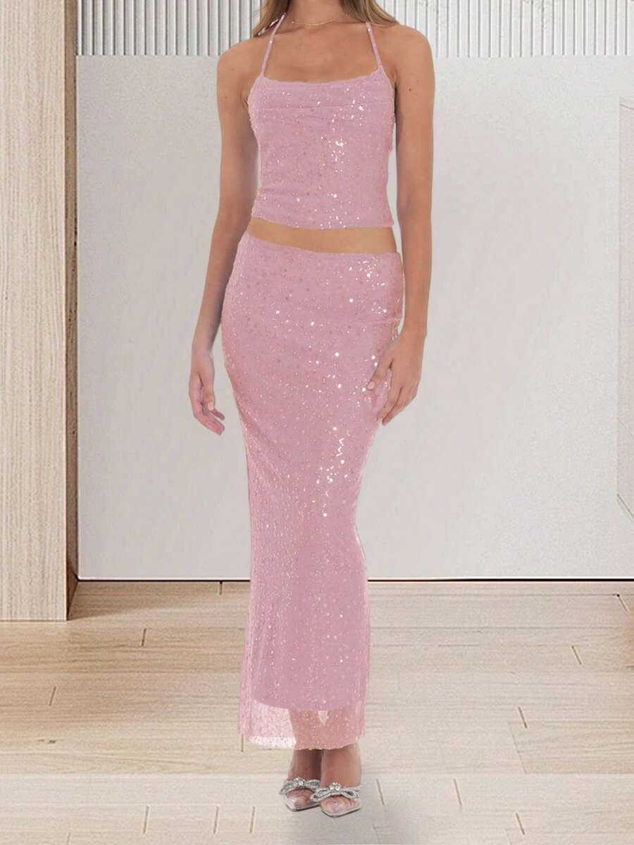 Women Sequin 2 Piece Set Tie-Up Halter Neck Open Back Crop Tops Low Rise Long Bodycon Skirt For Party Club - Hồng - Xem 1