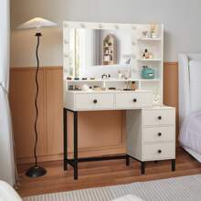 100cm White Dressing Table Vanity Makeup Desk With LED Mirror, 5 Drawers, Storage Shelves, LED Light Bulbs - Metal Leg, Makeup Dressing Table With Led Lighting Mirror For Girls Bedroom - Multi-Level Shelves, Color Mode Brightness Adjustable - 白色 - 查看 9