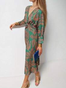 Floral Print V Neck Midi Dress For Women - Lightweight Chiffon With A-Line Silhouette  Elastic Waist - Elegant Summer Dress For Party, Date  Daily Wear