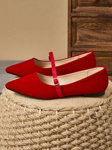 Pair Of Women's Flat Shoes, Pointed Soft Leather Work Shoes, Versatile Shoes, Bean Shoes, Women's Pointed Shallow Mouth Soft Sole, Fairy Style Flat Heel, Shallow Mouth Commuting Single Shoes - 紅色 - 查看 4