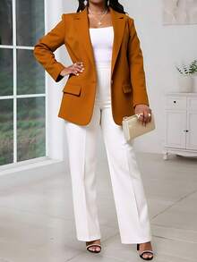 Zalla Women's Plus Size Blazer With Flap Pockets And Front Closure – Elegant Tailoring - 駝色 - 查看 3
