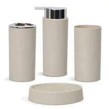 Bathroom Accessories Set 6 Pieces - Trash Can, Toothbrush Holder, Toothbrush Cup, Soap Dispenser, Soap Dish, Toilet Brush Holder - Modern Bathroom Decor Set Birthday, Housewarming, Holiday Gift Set,Christmas Gift Set,(Beige, Black, White, Gray)