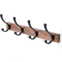 SDFGSDF 17 Inch Walnut Wood Wall Mounted Coat Rack With 4 Black Hooks, Adhesive Mounted Entryway Hooks, Modern Natural Wooden Pegs For Hanging Coat Clothes Hat Bag Purse Key And Towel - Coat Rack with 4 Double Hooks - 查看 1