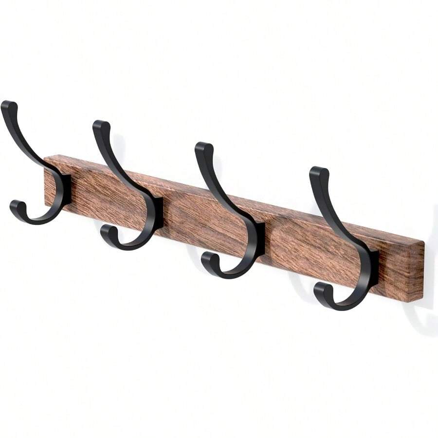 SDFGSDF 17 Inch Walnut Wood Wall Mounted Coat Rack With 4 Black Hooks, Adhesive Mounted Entryway Hooks, Modern Natural Wooden Pegs For Hanging Coat Clothes Hat Bag Purse Key And Towel - Coat Rack with 4 Double Hooks - 查看 1