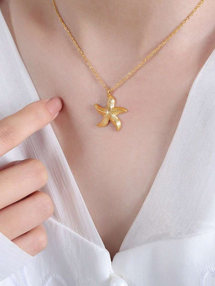 1: A Golden Metal Starfish Pendant Necklace, Suitable For Daily Wear And Beach Jewelry During Holidays Accessories - Multicolor - View 1