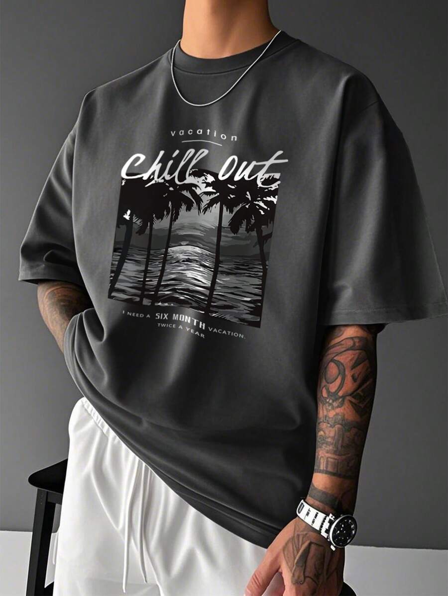 男士夏季标语和棕榈树印花圆领宽松休闲T恤 - 深灰色 - 查看 1