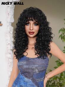 NICKY WALL 长款黑色深波浪卷发假发，女士合成假发，24 英寸蓬松蓬松大卷发，带细刘海，适合日常派对角色扮演使用