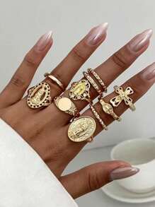 Gold Knuckle Rings Set For Women Virgin Mary Jesus Cross Ring Plain Cubic Zirconia Ring Adjustable Ring Set Religion Prayer Faith Jewelry Gift 10Pcs/Set
