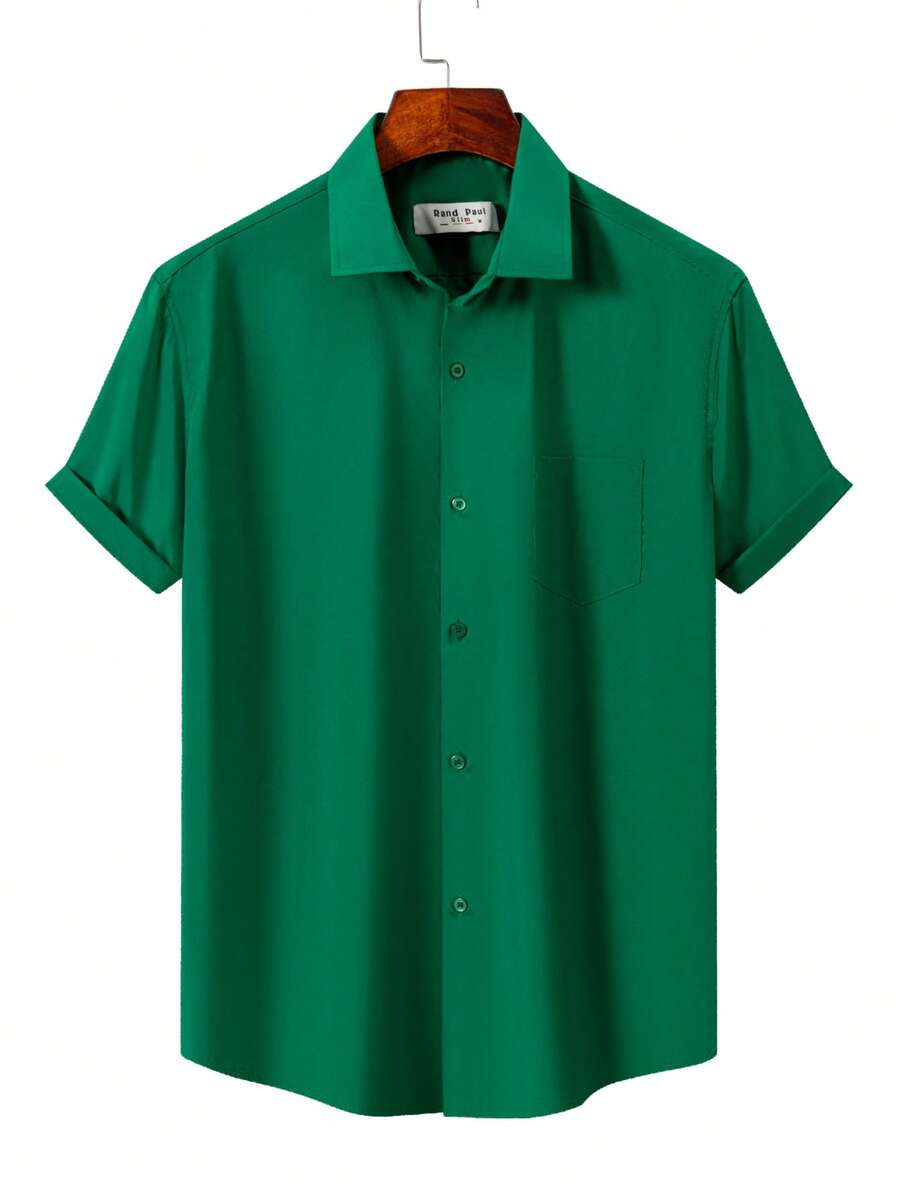 Rand paul Men's Casual Social Short Sleeve Plain Shirt With Pocket In Slightly Stretch Polyester - Dark Green - View 1