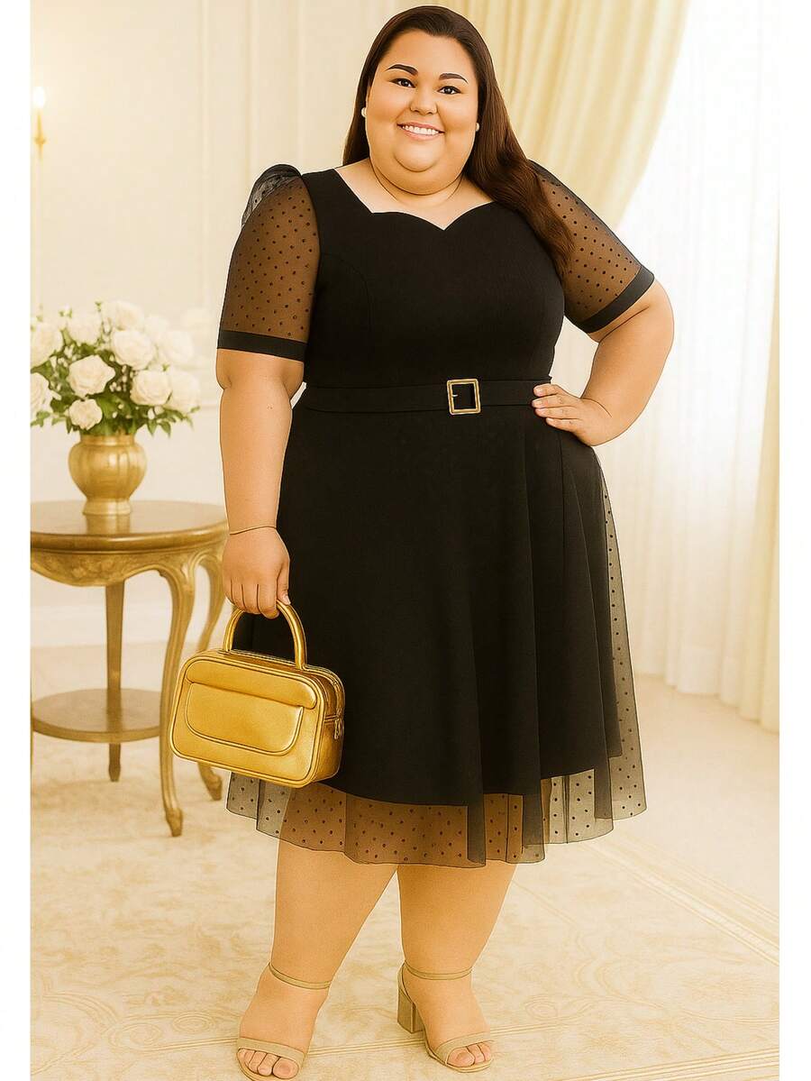 Women's Ribbed Plus Size Dress Evangelical Fashion Midi Tulle Polka Dot - Negro - Ver 1