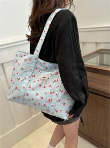 艺术樱花印花尼龙女士包，大容量托特包，手提包，单肩包，韩版时尚购物袋。