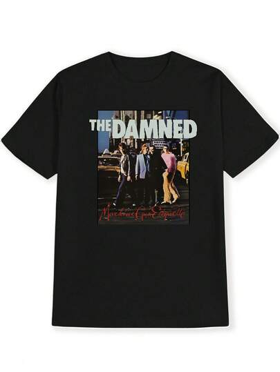 Camiseta de hombre con estampado gráfico del álbum de etiqueta de la ametralladora THE DAMNED - Camiseta vintage de banda punk rock con escenas de la calle de Nueva York - Camiseta de música negra para conciertos, ropa casual - Regalo lavable a máquina para fanáticos del punk, accesorios punk, moda de streetwear, tela duradera, ajuste unisex, entusiastas de la ropa de calle
