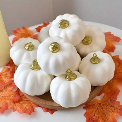 6/10 pezzi Decorazioni in schiuma bianca con manico dorato a forma di zucca artificiale, adatte per decorazioni autunnali da fattoria, decorazioni da tavolo per feste di Ognissanti, Ringraziamento, ristoranti a tema, librerie, tavoli da pranzo di casa, scaffali, utilizzabili anche come accessori fai-da-te per matrimoni e feste