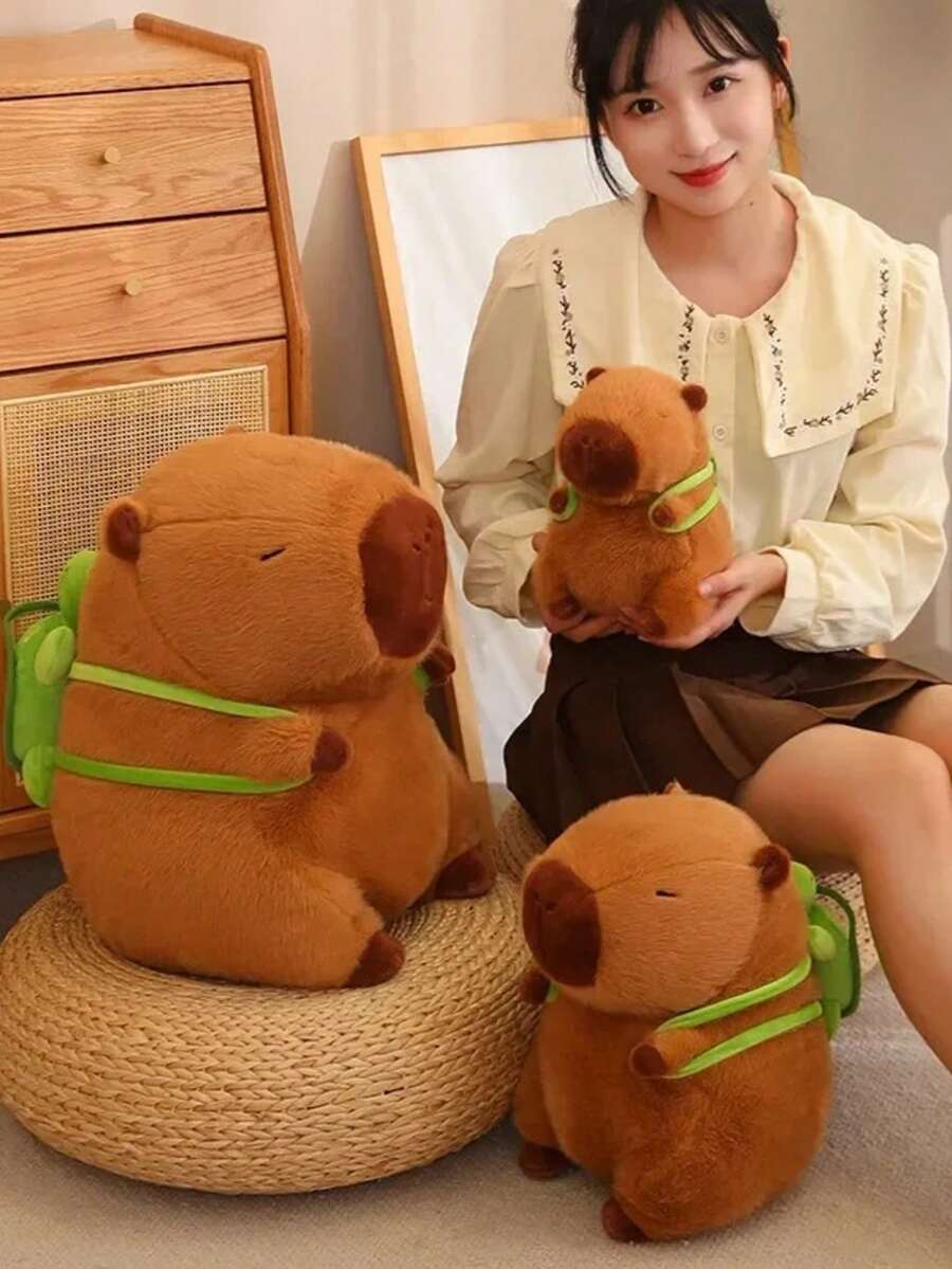 25cm Capybara Plush Toy Simulation Capybara Stuffed Animals Plushie With Turtle Schoolbag For Kids Birthday Christmas Gift Throw Pillow, The Perfect Decoration - The Perfect Gift. The Perfect Choice For Home Room Decoration, Sofa Decoration